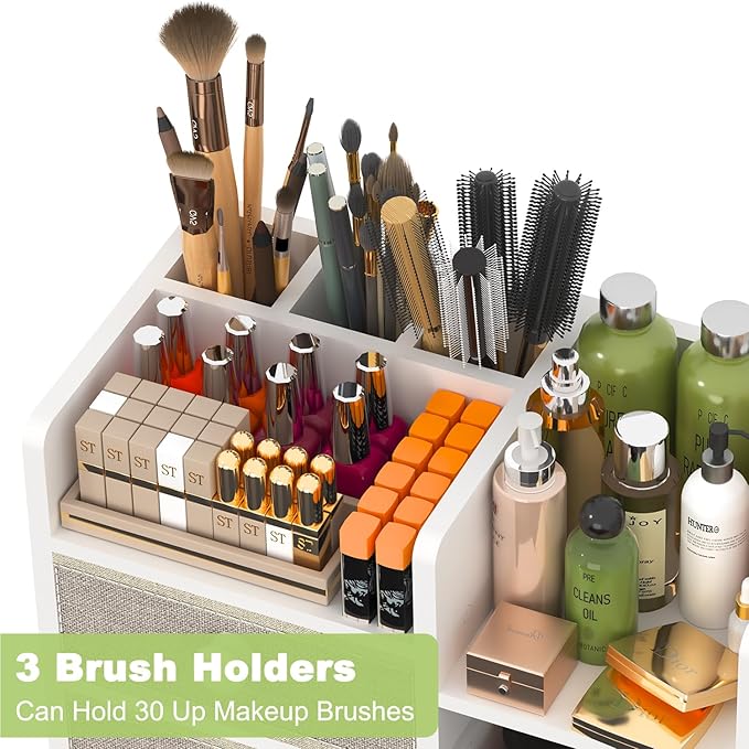 Large Makeup Organizer Countertop With Brush Holder Drawer For Vanity,Bamboo Bathroom Counter Organizers And Storage,Cosmetic Skincare Perfume Organizer,Easy To Store Nail Polish, Lipstick, Eyeshadow