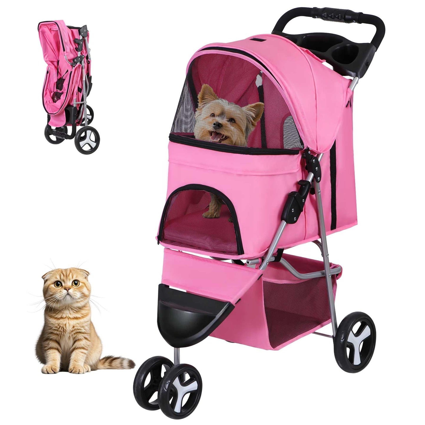 ZENY Foldable Pet Stroller, Cat/Dog Stroller with 3 Wheel, Pet Strolling Cart, Dog Travel Carrier with Storage Basket + Cup Holder (Pink)