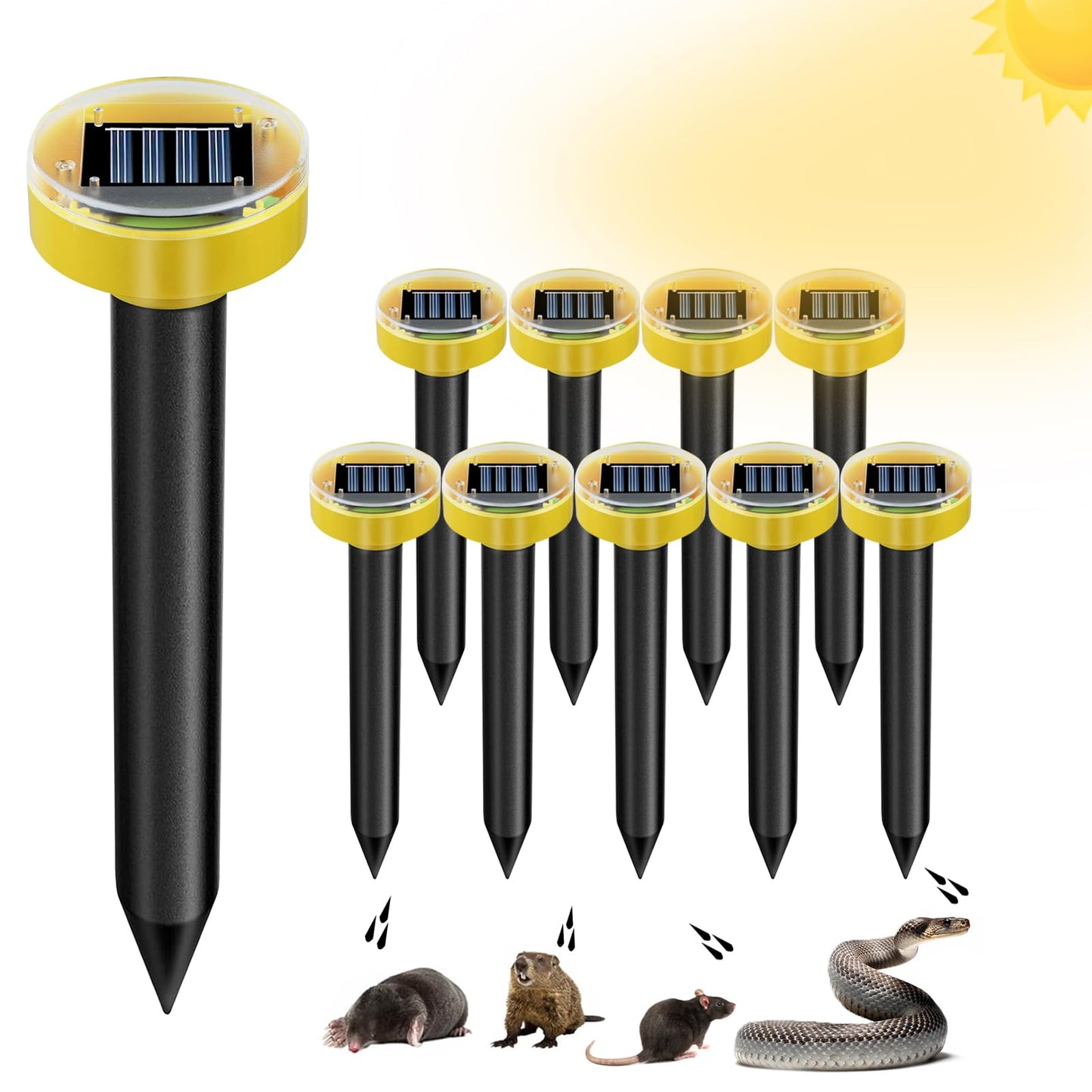 Snake Repellent for Yard 10 Pack, Ultrasonic Mole Repellent,Solar Powered Gopher Repeller Sonic Mole Deterrent Spikes, Snake Gopher Mole Vole Repellent Outdoor for Lawn Garden & Yard