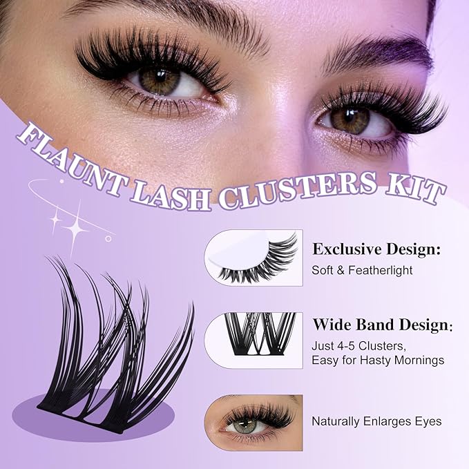 B&Q Flaunt Lash Clusters Kit D-Curl Flora Eyelash Clusters 8-18mm Cluster Eyelash Extension Wet Look Wispy Cluster Lashes Lengthlock All-in-One Eyelashs Extension Kit for Medium Dramatic(Flaunt Kit)