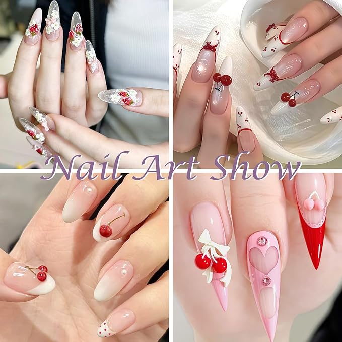 Laza 4pcs Silicone Nail Art Molds, Acrylic 3D Strawberry Bowknot Cherry Nail Charms Molds Clear Modeling Templates Fruit Pattern Nail Tools with Sculpture Pen for Salon Nail Design Resin Epoxy DIY
