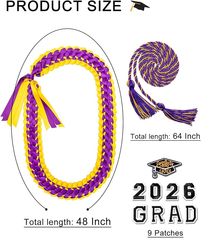 ALKB 2026 Graduation Lei Set - Two-Tone Braided Ribbon with Honor Cord, Unisex Graduation Gift for Graduates, Polyester