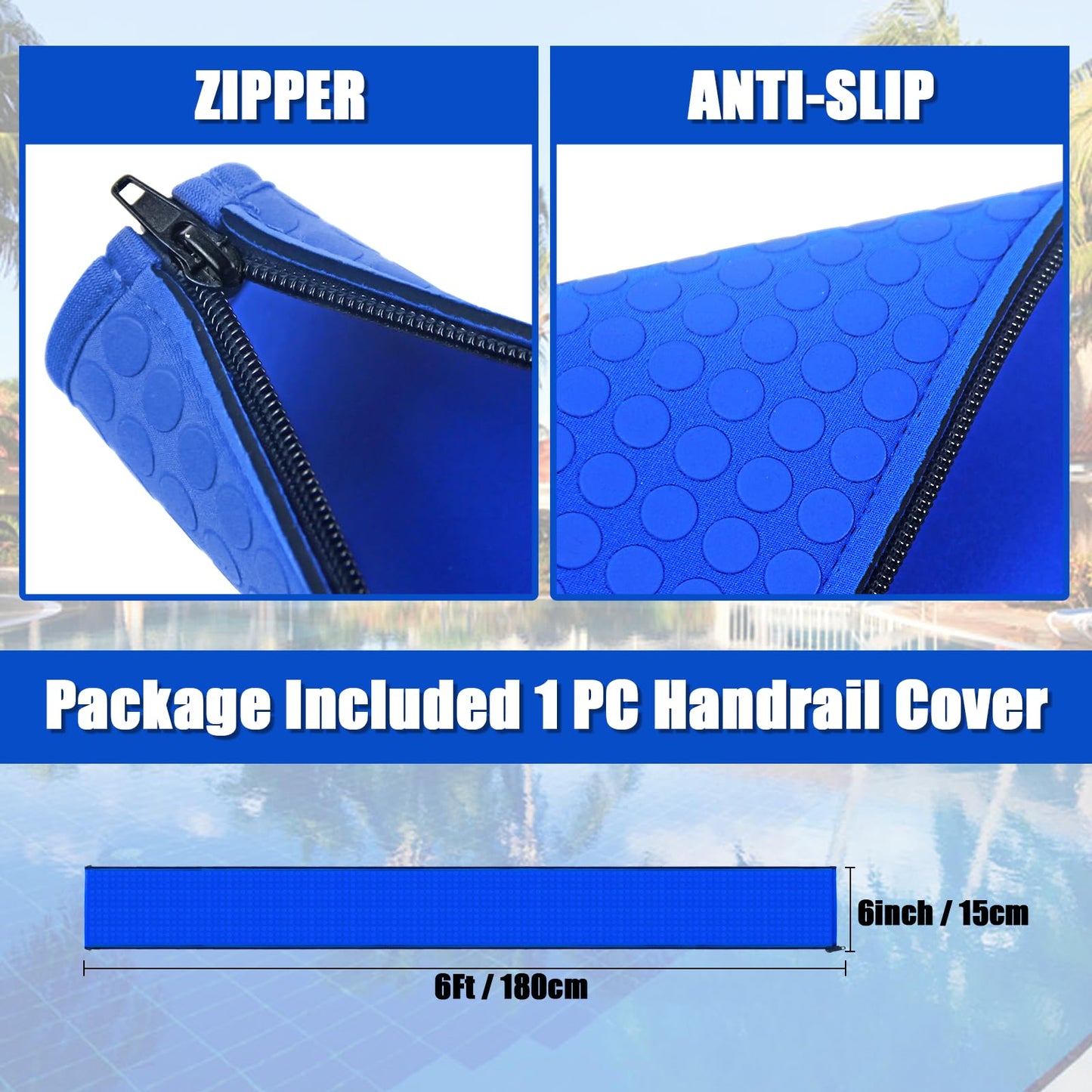 Pool Handrail Covers with Zippers 4 6 8 10 Ft Inground Swimming Pools Hand Rail Cover, Anti-Slip Cool Touch Heat Resistant, Royal Blue, Non Slip Swim Pool Railing Ladder Stair Handle Grip (6 Feet)