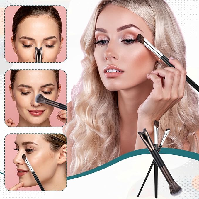 3 Pcs Sculpting Dual-End Nose Brush, 2-in-1 Nose Contour Brush Angled Makeup Brushes Blush Brushes for Sculpting and Defining Contour