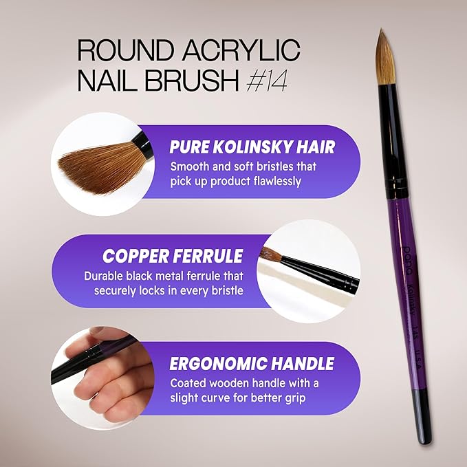 PANA Pure Kolinsky Hair Acrylic Nail Brush - Round Shape Black Ferrule with Purple Wood Handle (Size 14) - for Acrylic Nail Application, Nail Extension, Manicure Pedicure Salon Beginner & Professional