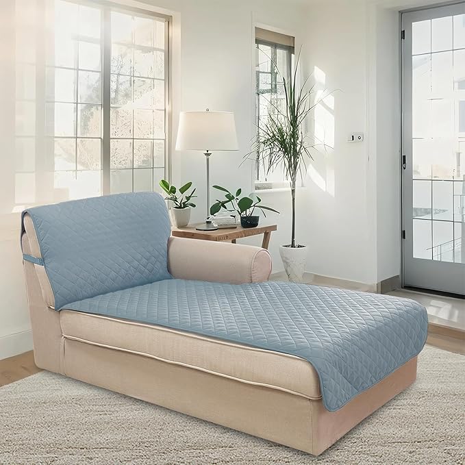 U-NICE HOME Sectional Couch Cover for Dogs Pets Chaise Lounge Reversible Sofa Cover Furniture Protector with Elastic Adjustable Strap, Light Blue/Beige