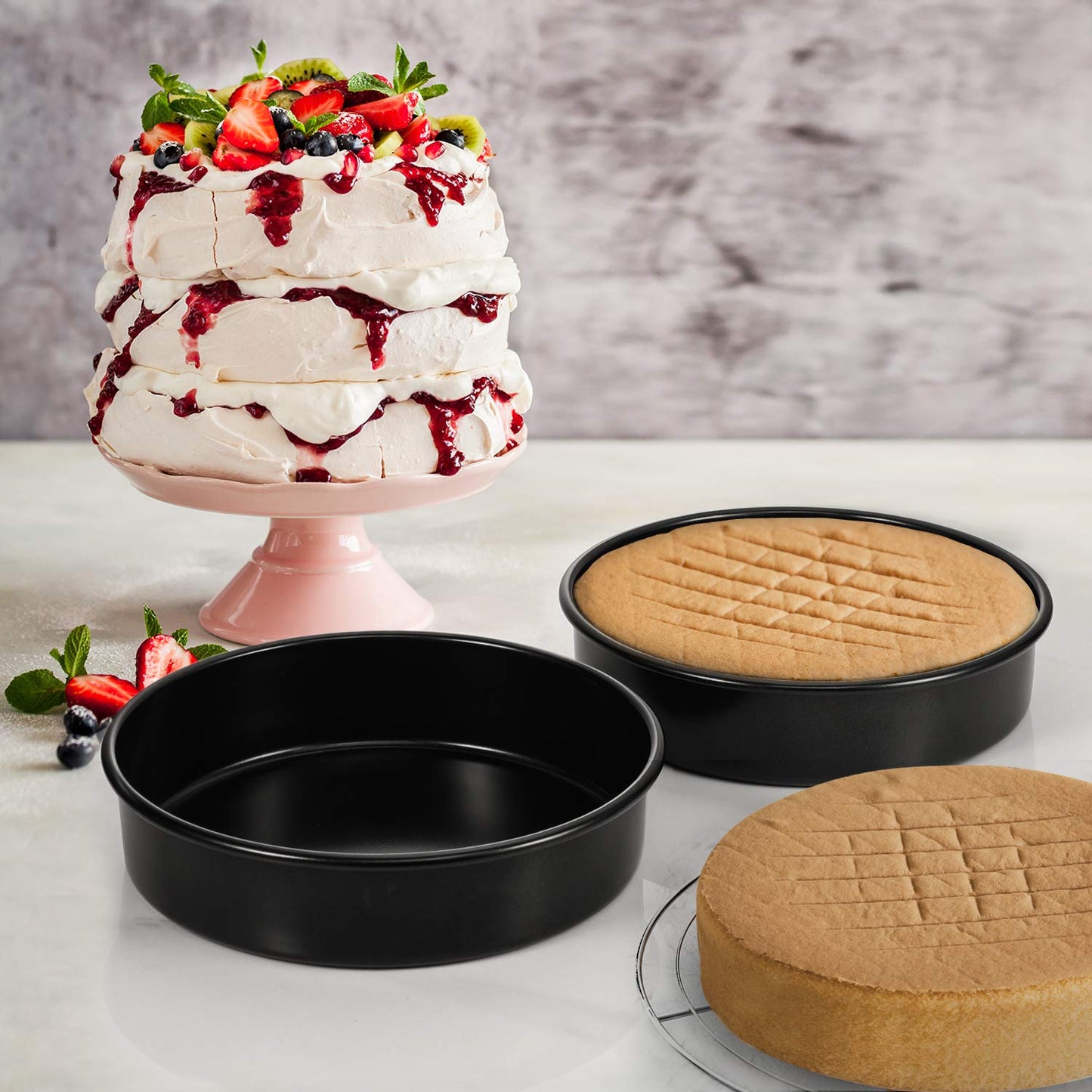 HIWARE 9-Inch Round Cakes Pan Set with 60 Pieces Parchment Paper Rounds, Nonstick Baking Cake Pans, Dishwasher Safe - Set of 2