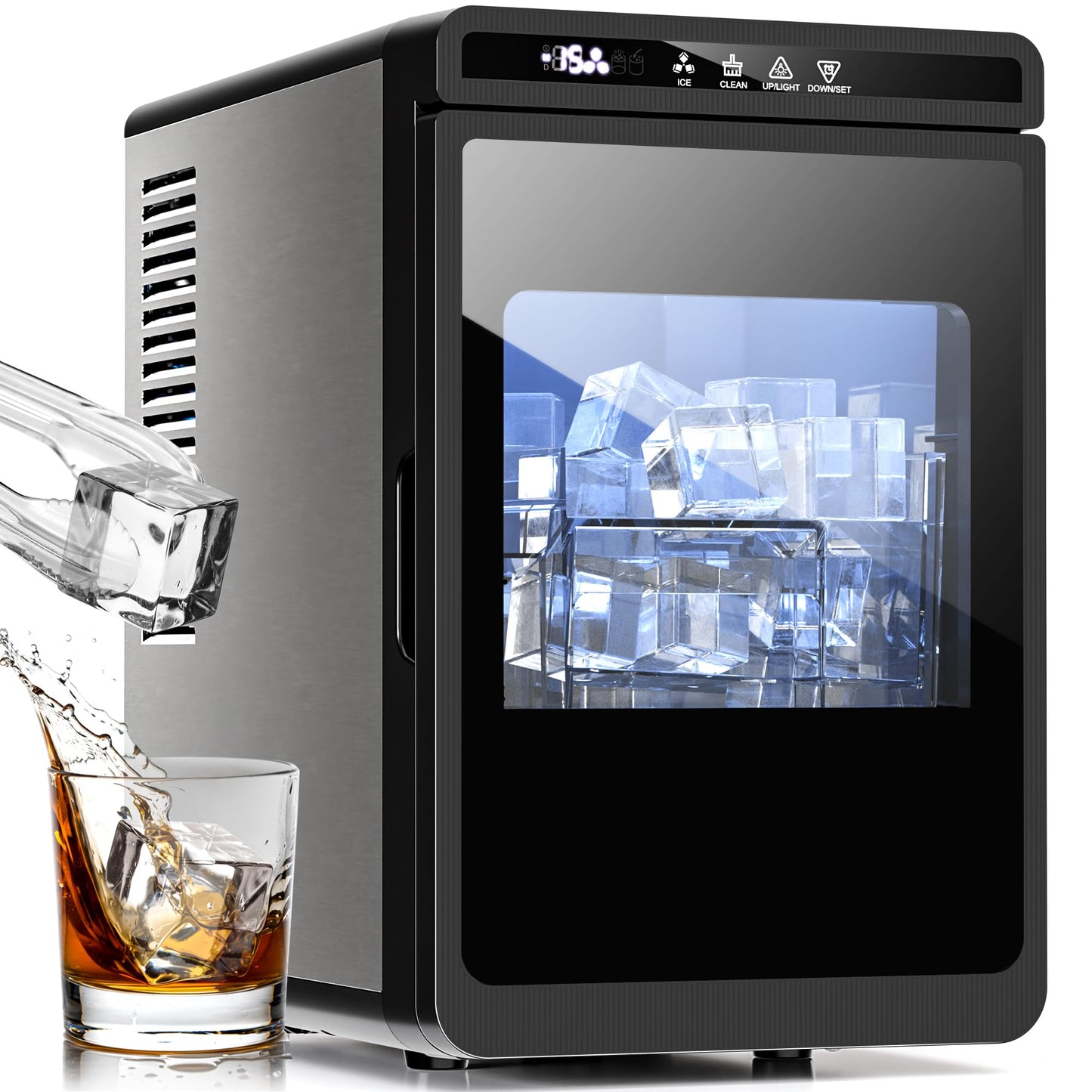 Kismile Ice Makers Countertop, Ice Machine with Handle, 26Lbs/Day, 9 Cubes Ready in 6 Mins, Self-Cleaning Portable Ice Maker, 2 Sizes of Bullet Ice Cubes for Home/Office(Black)