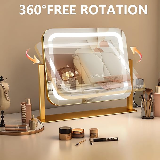 Gold Vanity Mirror with Lights 14"×12", Led Makeup Mirror, Lighted Makeup Mirror with 3 Color Dimmable Lights, Smart Touch Screen Control, 360°Rotation