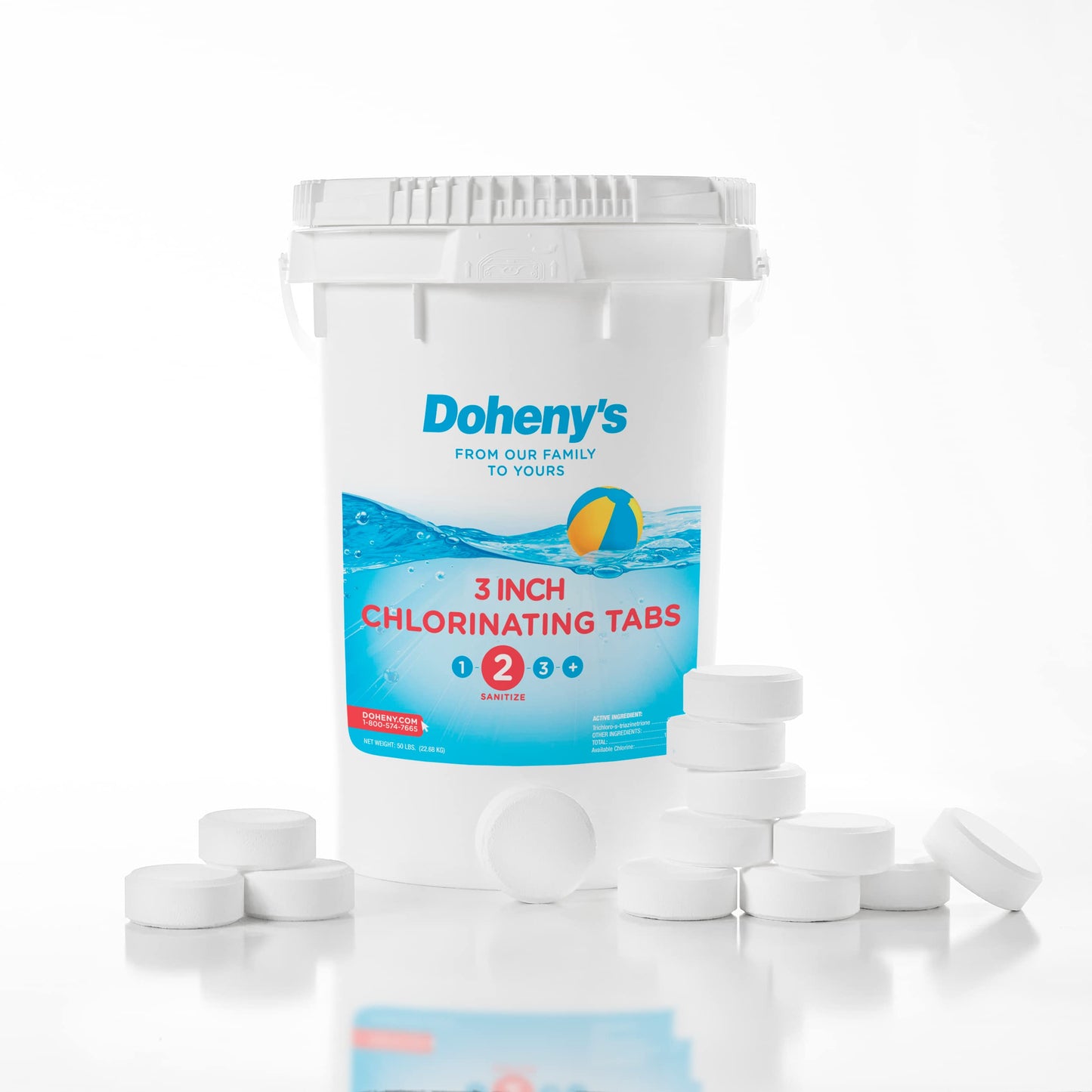 Doheny’s 3-Inch Stabilized Chlorine Tablets for Sanitizing Swimming Pools | 99% Pure Tri-Chlor, 90% Available Chlorine | Long-Lasting, UV-Protected, Slow-Dissolving | Individually Wrapped 50lb Bucket