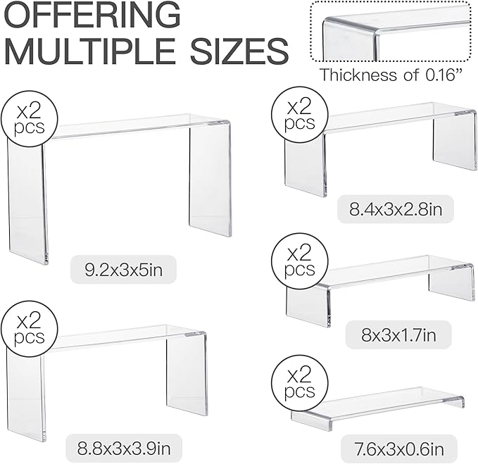 ANDGOO 10 Pack Acrylic Display Risers, 2 Set(7Ã¢ÂÂL~8Ã¢ÂÂL~9Ã¢ÂÂL) Perfume Stand Organizer, Easy to Store Clear Cupcake Stand, Display Risers for Retail Stores Special Events Exhibitions Home Decoration