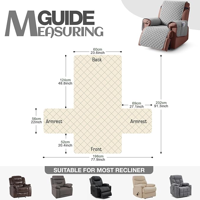 KinCam 100% Waterproof Recliner Chair Cover, Reclining Couch Covers for Pets, Dogs, Recliner Couch Slipcover Furniture Protector with Elastic Straps for Kids(23.6", Light Gray)