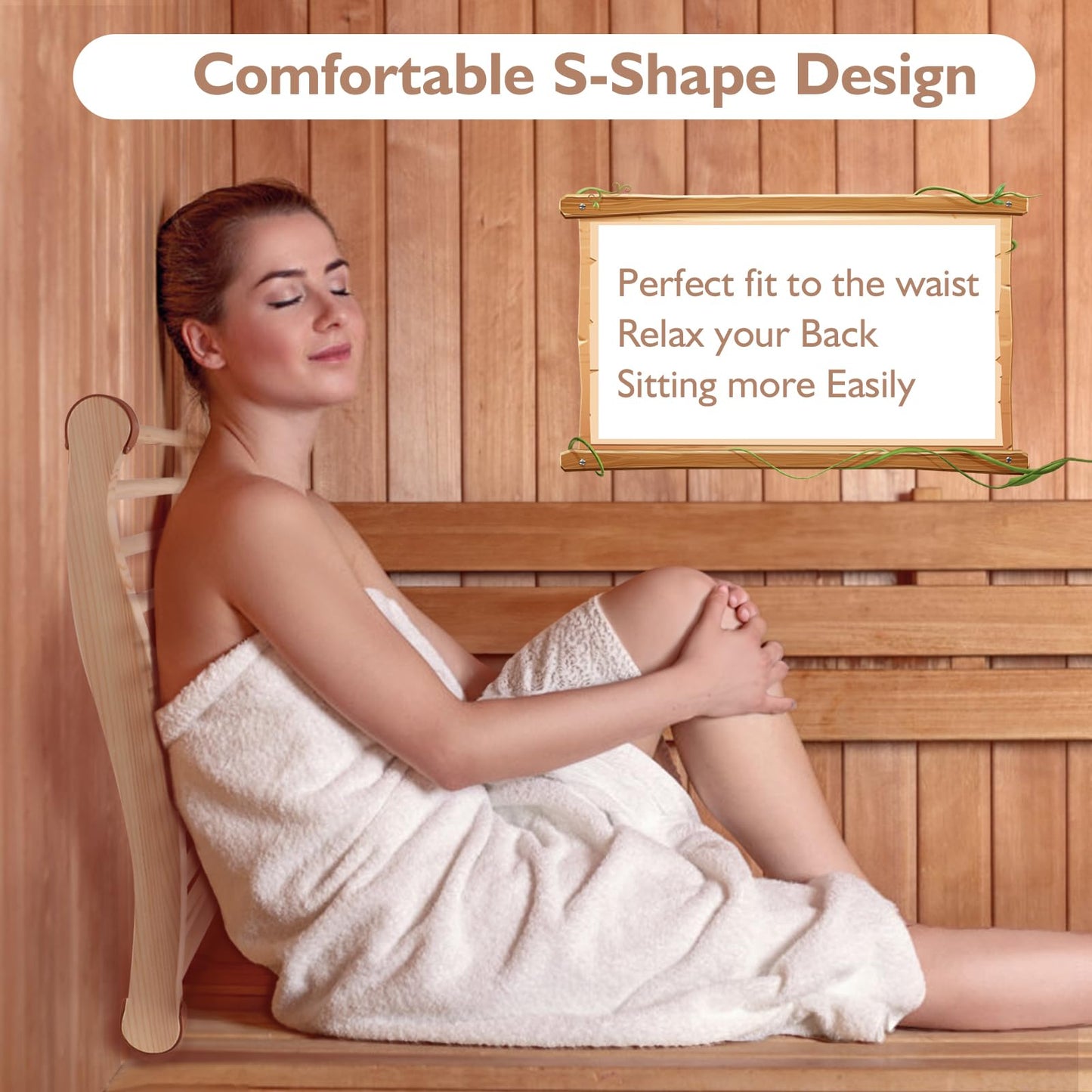 Wiiyita Sauna Backrest Sauna Accessories Wooden Slip-Resistant Non-Toxic Comfortable S-Shape Design Sauna Chair with Back, Sauna Accessories for Any Barrel or Infrared Sauna