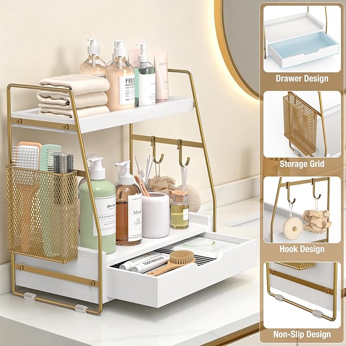 2-Tier Bathroom Counter Organizer with Drawer & Removable Basket, Wood & Metal Vanity Organizer for Skincare, Makeup, Perfume, Toiletries, Small Bathroom Counter Shelf, 13'' White Gold