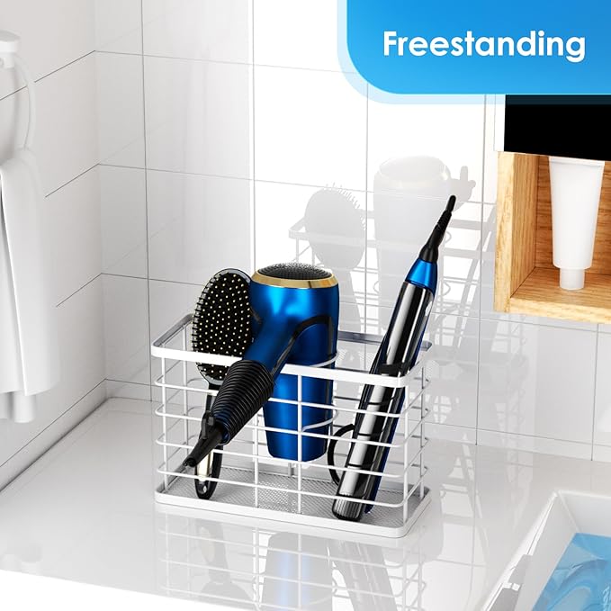 Agotglmi Hair Tool Organizer, Dryer Holder, 3 in 1 Blow Bathroom Organizer Wall Mounted/Cabinet Door for Flat Iron, Curling Straightener, Care & Styling Tools Storage Basket (White)