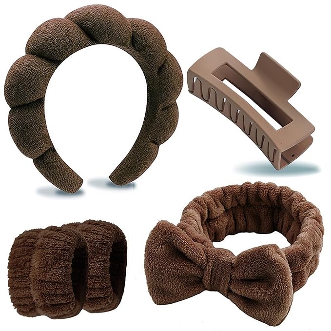 5 Pcs Spa Headbands for women and girls face washing, makeup, facial skin care, fluffy sponge SPA hairband bow hairband hairpin wristband set. (coffee)