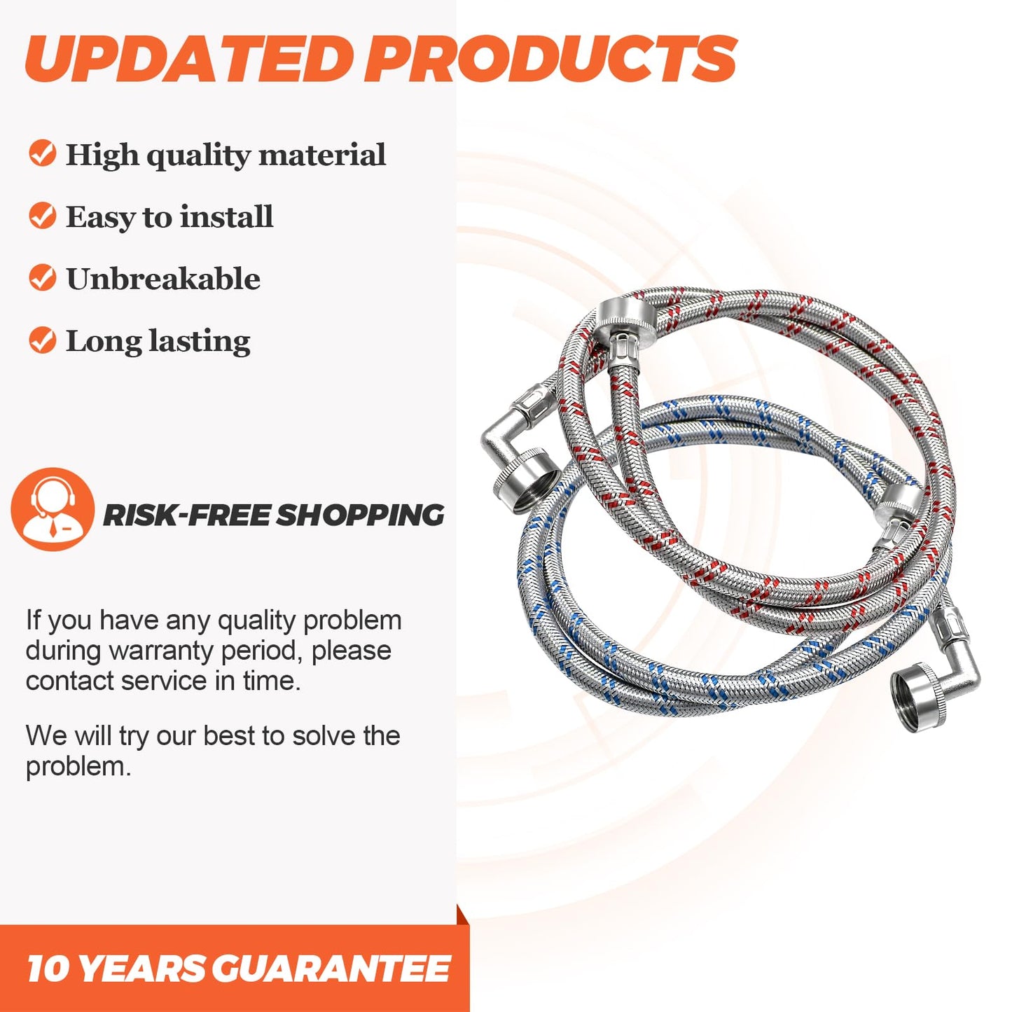 6FT Washer Stainless Steel Hoses with 90 Degree Elbows by Beaquicy - Burst Proof 3/4" FHT Standard Thread - 2 Pack Red and Blue Braided Hoses for Hot and Cold Water Supply - 10 Year Warranty