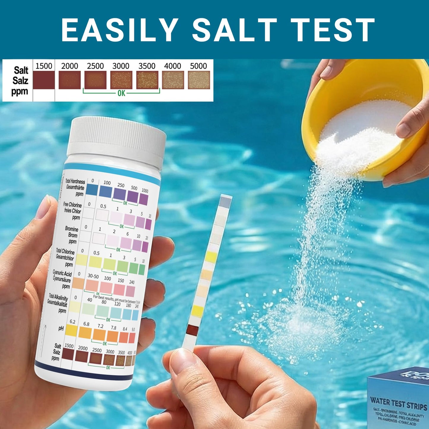 AKSBTEC 2026 Salt Water 8-in-1 Pool Test Strips Kit | 150 Strips Pool Salt Test Strips | Salt Water Pool Testing Kit for Pools, Hot Tubs & Spas Quick Accurate Tests Salt, Chlorine, pH, Cyanuric Acid