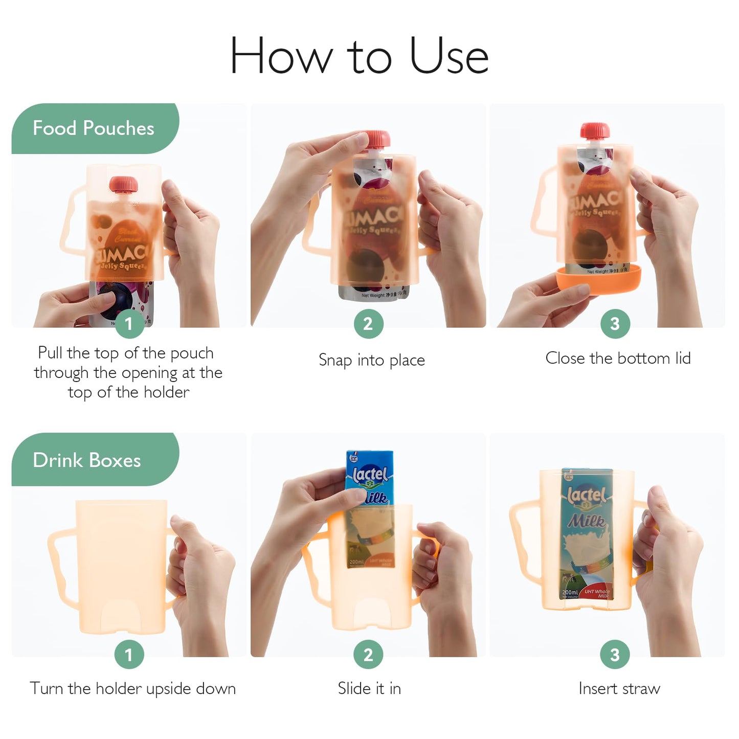 Momcozy Baby Pouch Holder No Squeeze for Food Pouches and Drink Boxes, Allows Baby to Self-feed and Avoid Messes, Baby Food Pouch Holder Handle is Easy to Grip, Comfortable, Green&Orange