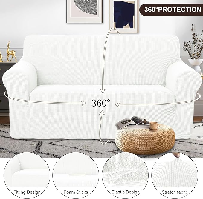 U-NICE HOME Oversized Stretch Loveseat Couch Cover Sofa Covers Washable Sofa Slipcover Furniture Protector for 2 Cushion Couch Sofa Pet Friendly, Ivory White