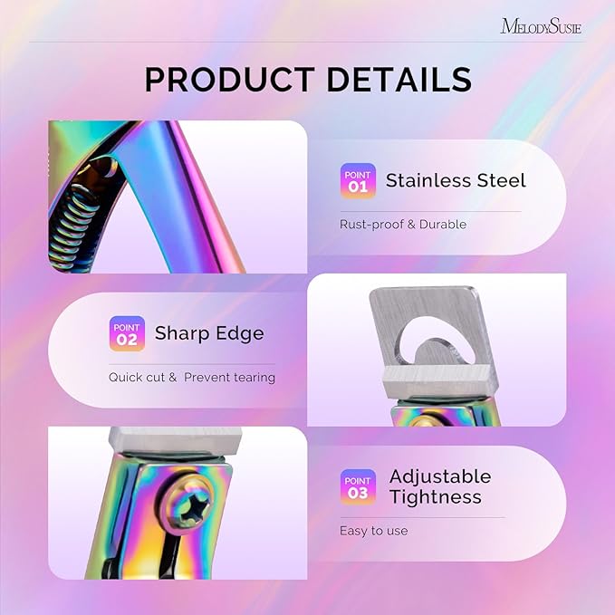 MelodySusie Acrylic Nail Clippers with 15pcs Magnet Sizers, Professional Nail Clippers Cutters for Long Acrylic Gel Nails Tips, Adjustable Stainless Nail Trimmer, Manicure Tool for Salon Home, Rainbow