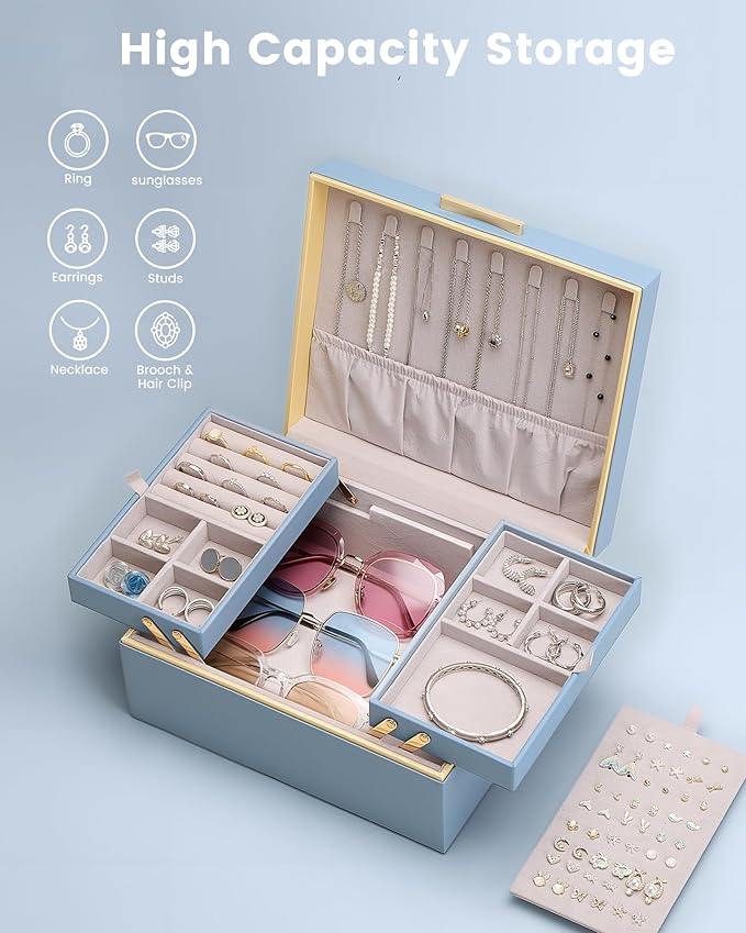 Lolalet Jewelry Box Organizer for Women Girls, 2 Layer Jewelry Organizers and Storage for Necklace Earrings Rings Bracelets, Large Jewellery Holder Case Birthday Valentine Gifts -HazeBlue