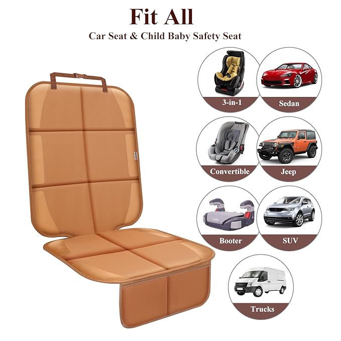Meolsaek Car Seat Protector for Child Car Seat, Durable 600D Fabric Waterproof Car Seat Cover with Thick Pad Non-Slip Backing，No Imprints (Tan-2 pcs)