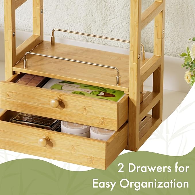 AmazerBath Bamboo Bathroom Countertop Organizer, 2-Tier Makeup Organizer with 2 Drawers, Vanity Organizer Storage Coffee Matcha Station, Compact Shelf for Bathroom Kitchen Office