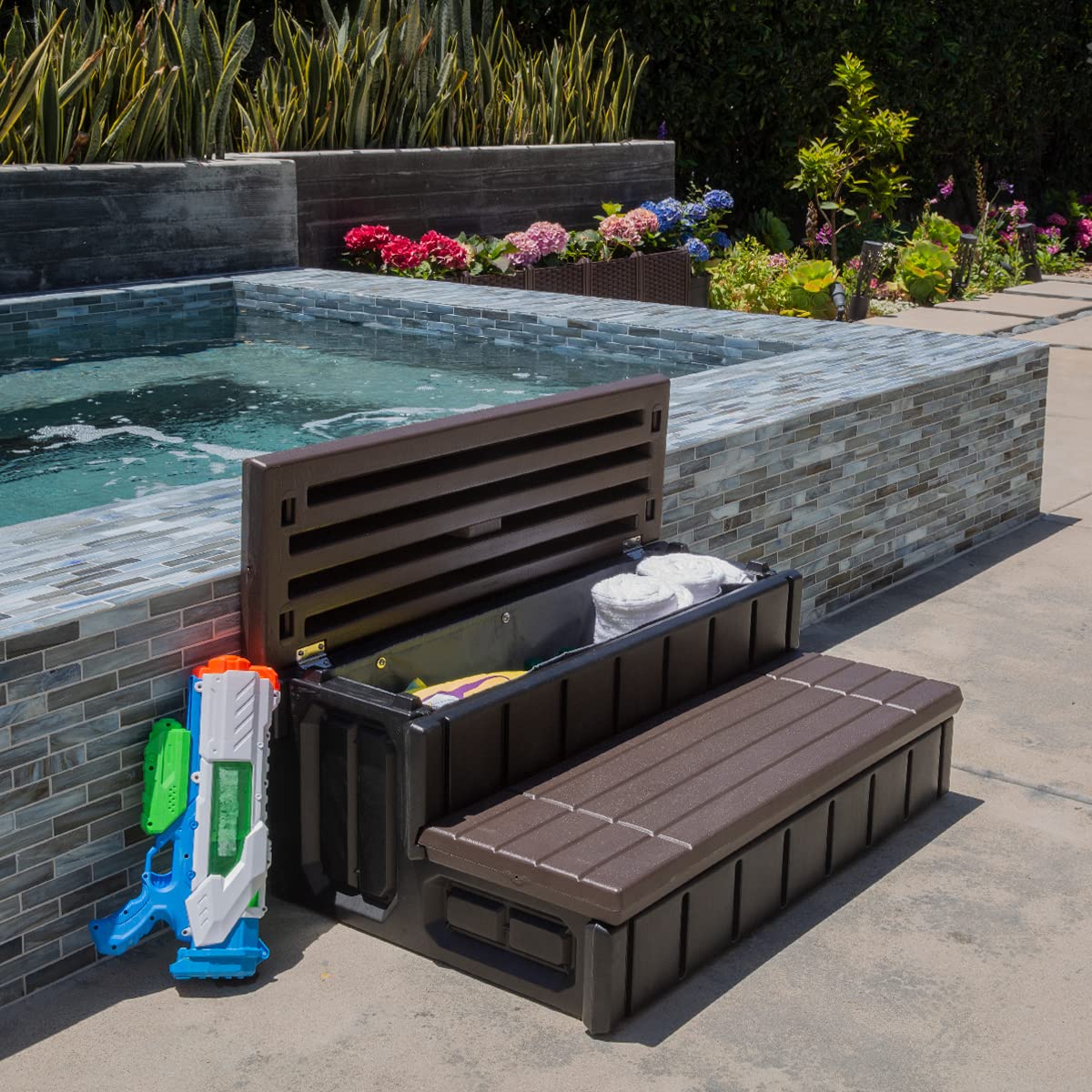 XtremepowerUS Universal 2 Slip-Resistant Spa & Hot Tub Step Outdoor Indoor Stool Pool Ladder Compartment Spa Step 36" Inches Long with Storage, Brown/Black
