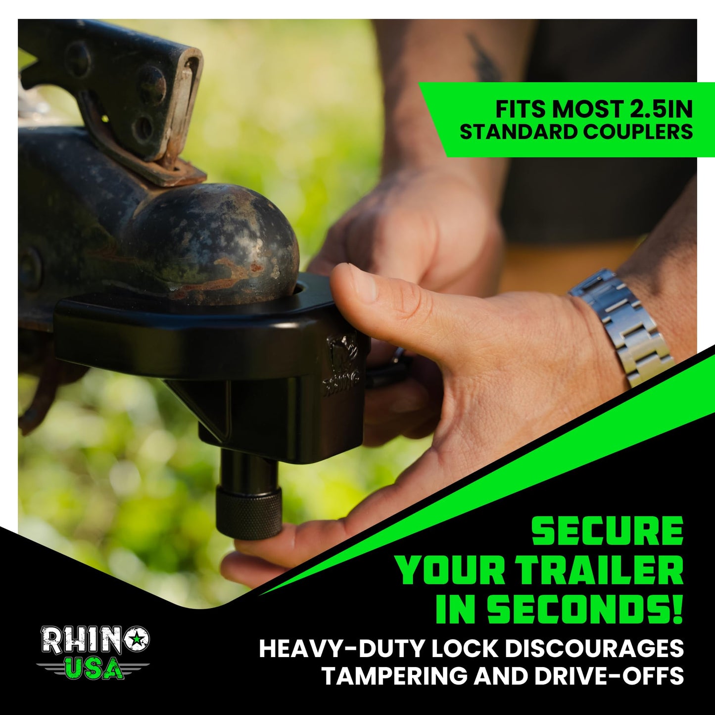 Rhino USA Trailer Hitch Lock Kit (for 2-5/16" Trailers) Heavy Duty Anti Theft Trailer Coupler Locks for RV, Camper, Trailer, Boat, Caravan - Reinforced Solid Steel Tow Lock for Trailer Tongue