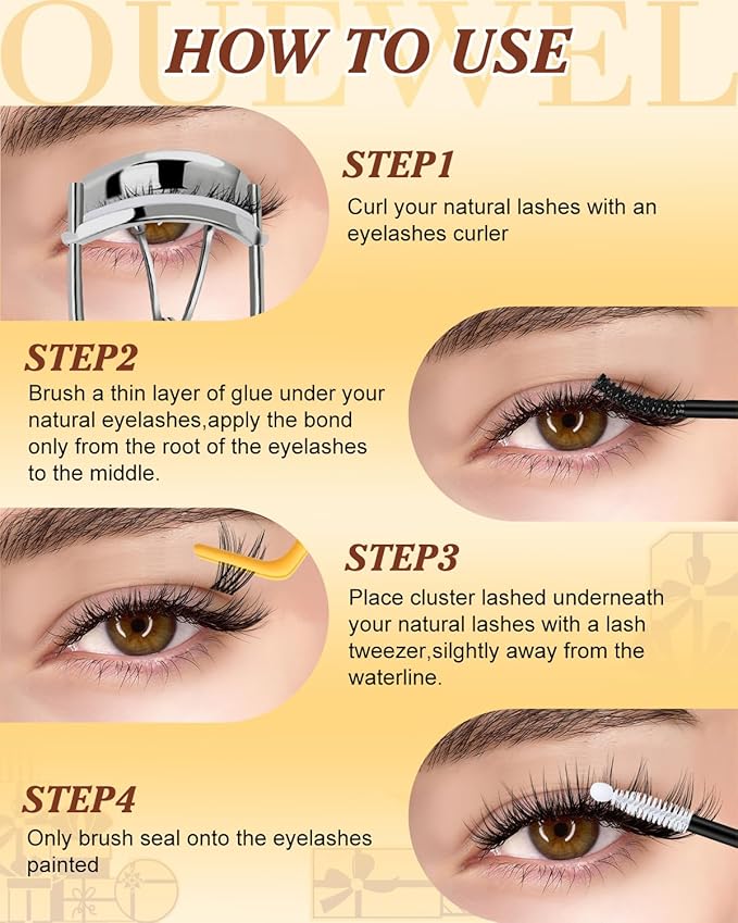 QUEWEL Lash-Clusters Kit 300PCS C Curl Wispy-Eyelash Clusters Lashes-Natural Look Cluster Lashes Extensions Kit with Lash Bond and Seal and Tweezers Natural Eyelash Clusters Use at Home (JS01-KIT)