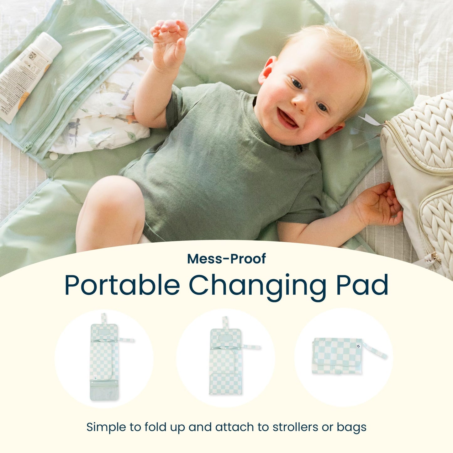 Tiny Twinkle Portable Diaper Changing Pad | Waterproof, Wipeable & Compact Baby Changing Pad for Travel | Smart Wipes Pocket & Organized Storage| Newborn Shower Gift (Sage Checkers)