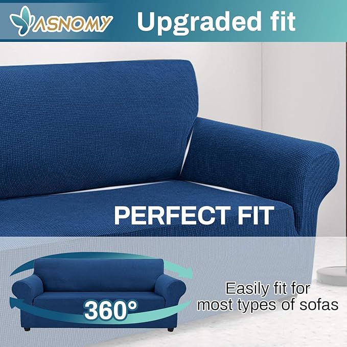 Asnomy Couch Covers for 3 Cushion Couch Stretch Sofa Covers Slipcovers, Pet Protector Furniture Covers for Dogs Cats Spandex Jacquard Fabric Small Checks （Large，Classic Blue）