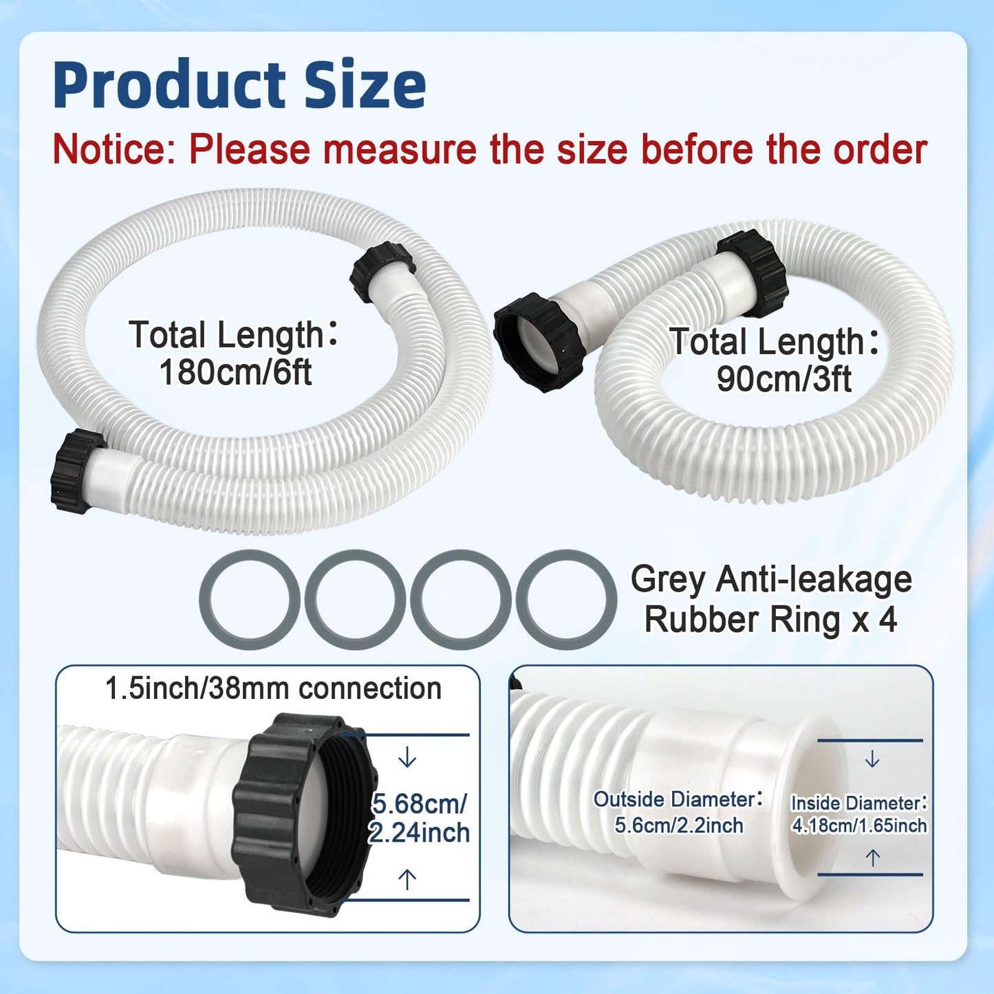 Conderyang 2 Pack 1 1/2 Pool Hose for Above Ground Pools 6ft&3ft Long Pool Pump Replacement Filter Hoses 1.5" EVA Swimming Pool Filter Hose for Filter Pumps, Saltwater Systems and Sand Filters (White)