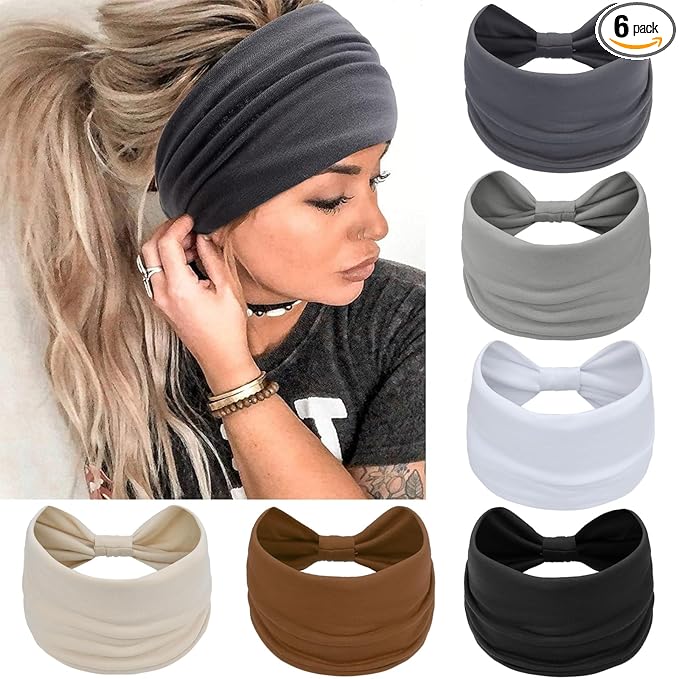 Awumbuk Wide Headbands for Women Knotted No Slip Head Bands Soft Turban Headband Hair Accessories Boho African Solid Color Head Wraps for Women Yoga Workout Pack of 6(Classic)