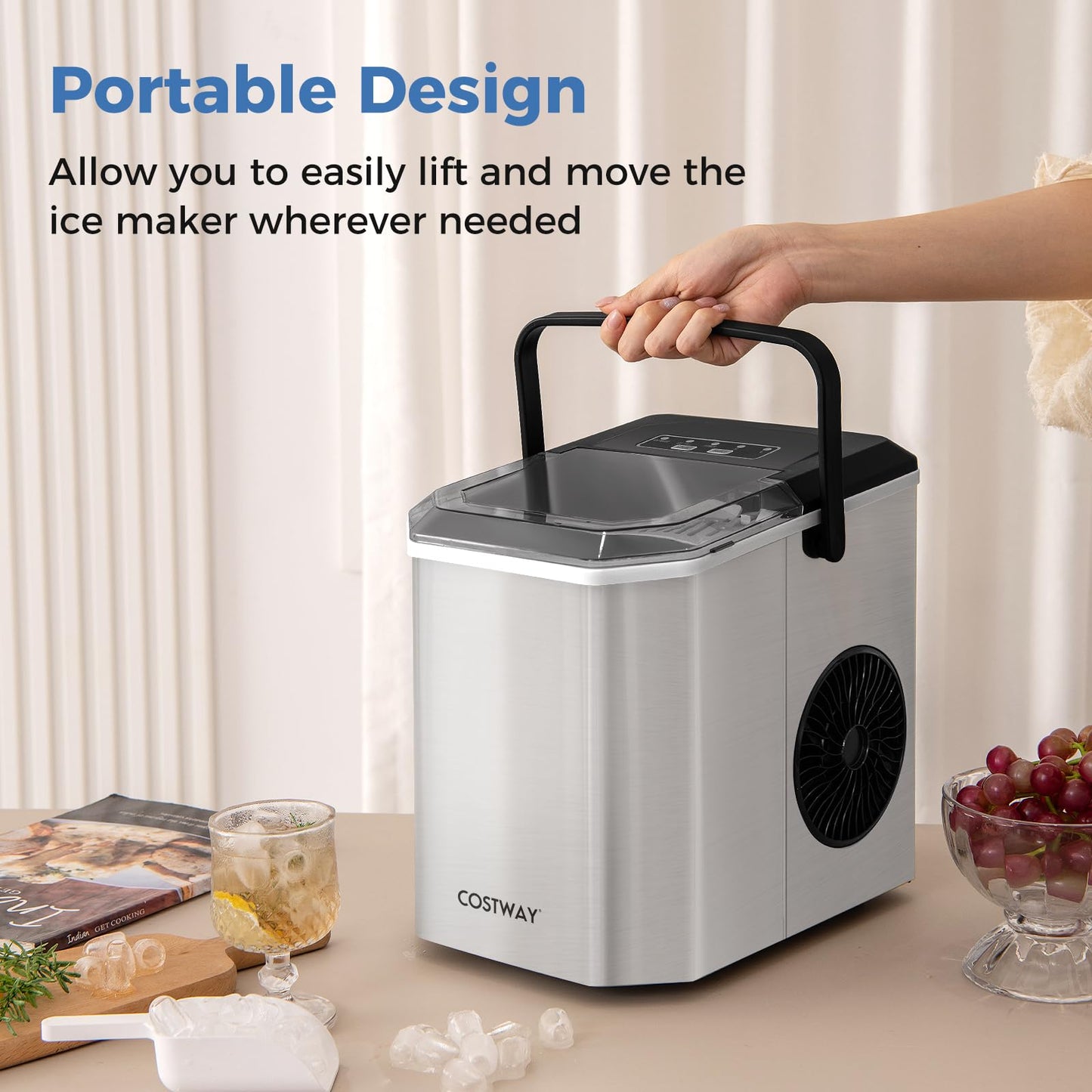 COSTWAY Countertop Ice Maker with Self-Cleaning, 9 Ice Cubes Ready in 6-13 Mins, 26.5Lbs/24H, 2 Sizes of Bullet Ice, Portable Ice Machine with Handle, Ice Scoop and Basket for Home Office (Silver)