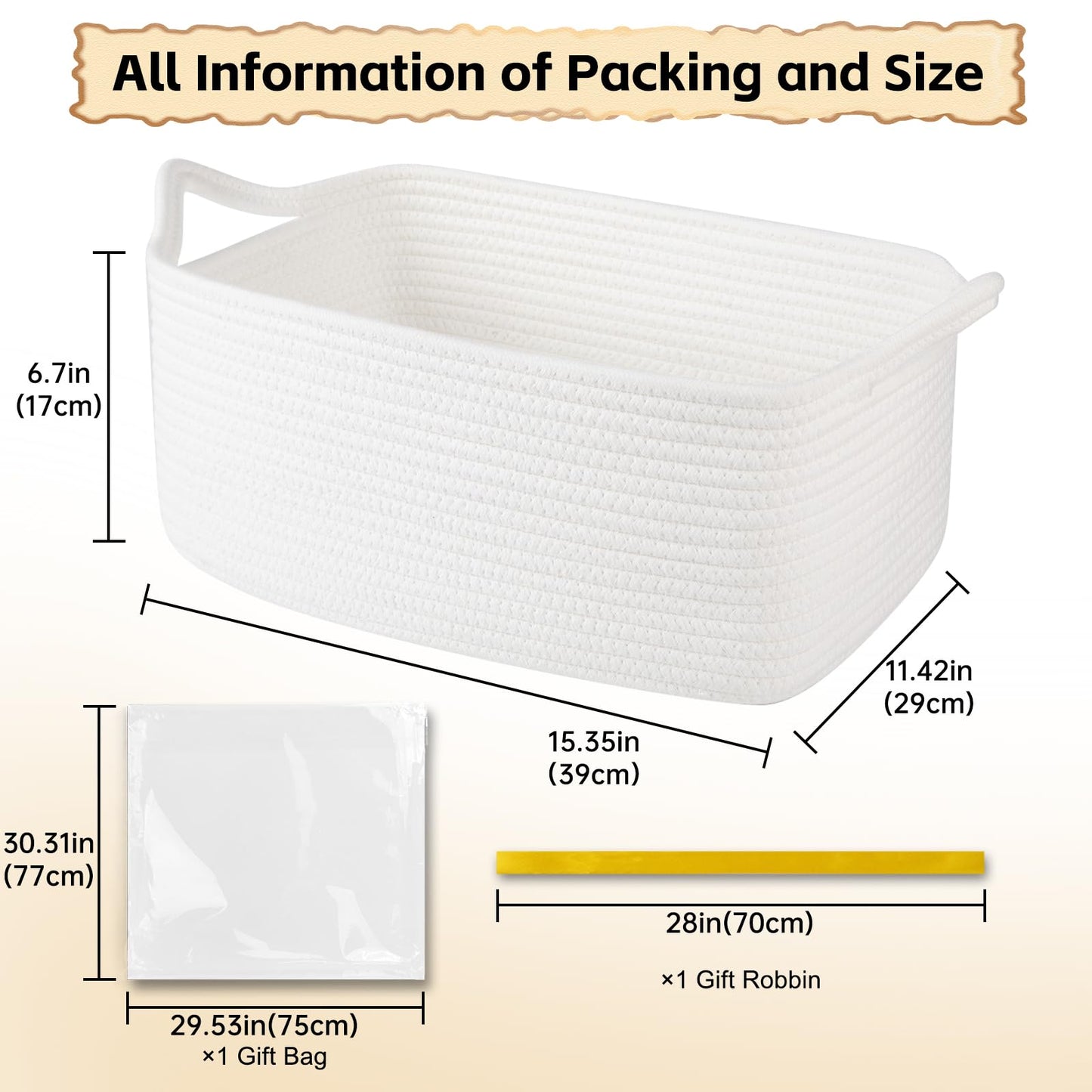 OIAHOMY 19L Woven Basket, Gift Basket Empty with Gift Bags and Ribbons, Rope Baskets for Baby Showers, Storage Baskets with Handles for Nursery, Pet Toy Organizer - White