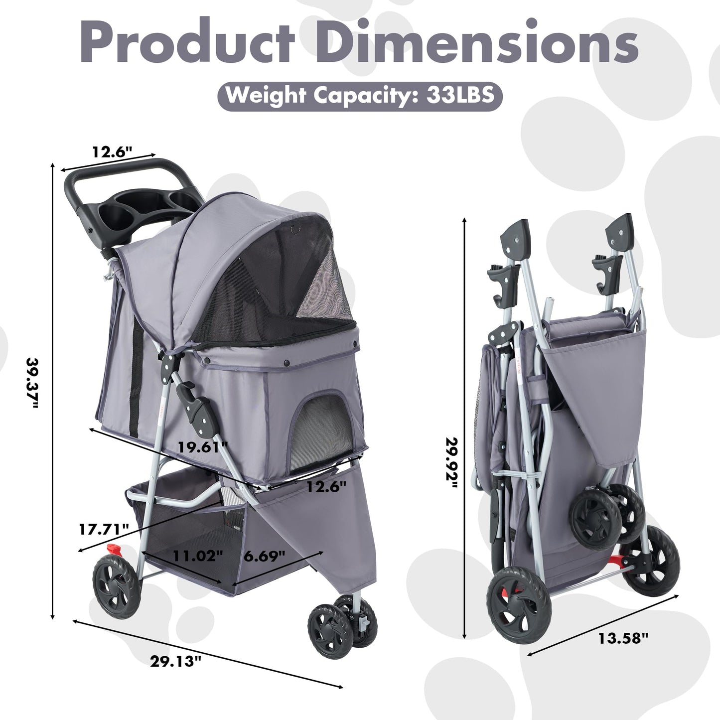KMFurnila 3 Wheel Pet Stroller for Dogs and Cats, Foldable, Lightweight and Durable, Ideal for Small to Medium Pets, Includes Storage Basket and Cup Holders