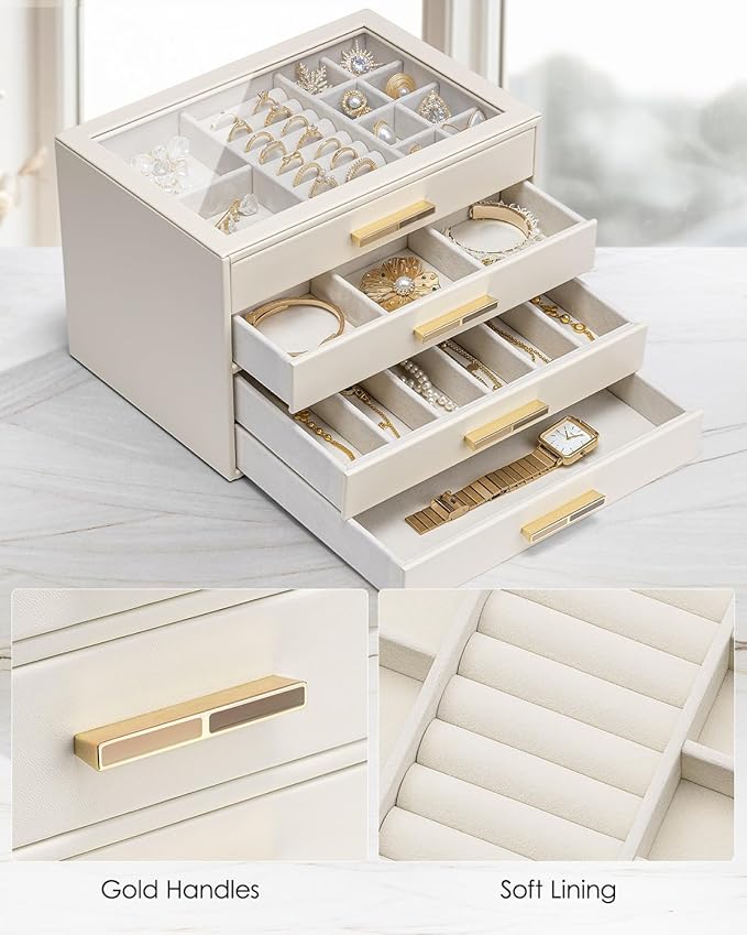 VLANDO 4 Layer Jewelry Box for Women, Glass Lid Jewelry Organizer with 4 Drawers for Necklaces Rings Earrings Bracelets - Cloud White