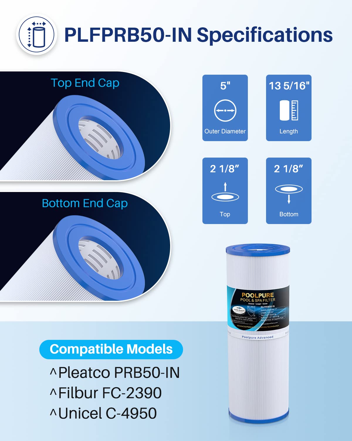 POOLPURE PLFPRB50-IN Spa Filter Replaces Pleatco PRB50-IN, PRB50IN, Unicel C-4950, Filbur FC-2390, Jacuzzi J210/J220/J235/J245/J275, Guardian 413-212-02, 373045, 5X13 Drop in Hot Tub Filter, 1 Pack