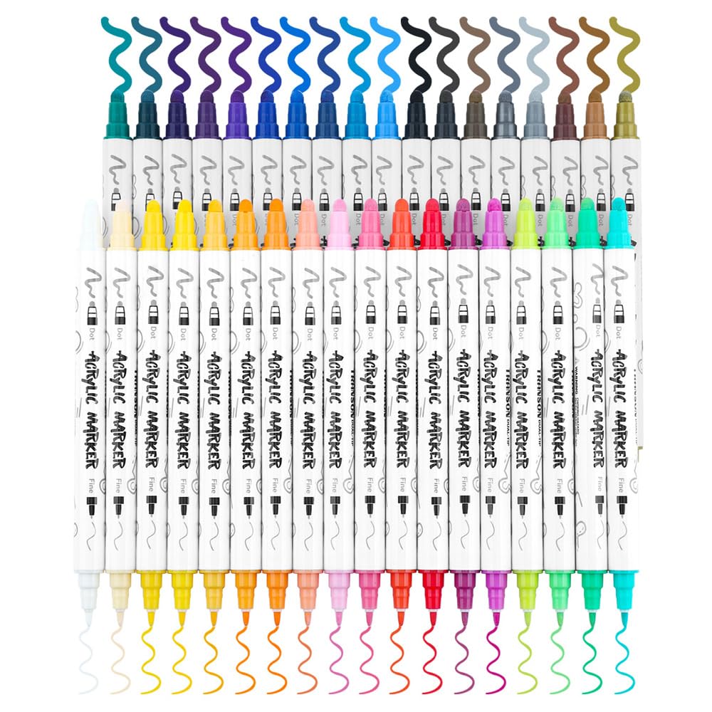 TRANSON 36 Color Bold and Fine Dual-tip Acrylic Paint Pen Set for Canvas Rock Wood Leather Ceramic DIY Painting