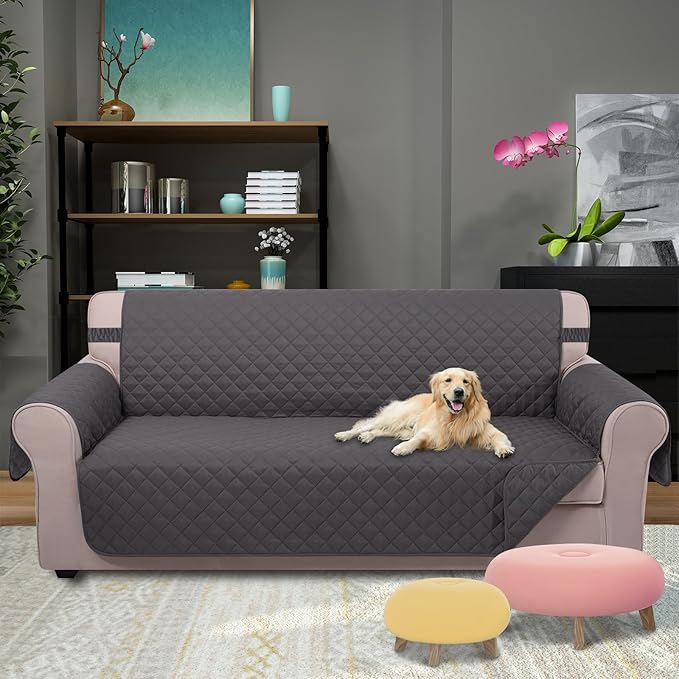 U-NICE HOME 4 Seater Sofa Cover 91 Inch Large Couch Covers for 4 Cushion Couch with Elastic Straps Water Resistant Furniture Protector Cover for Pets Cat (Sofa XX-Large, Dark Grey/Dark Grey)