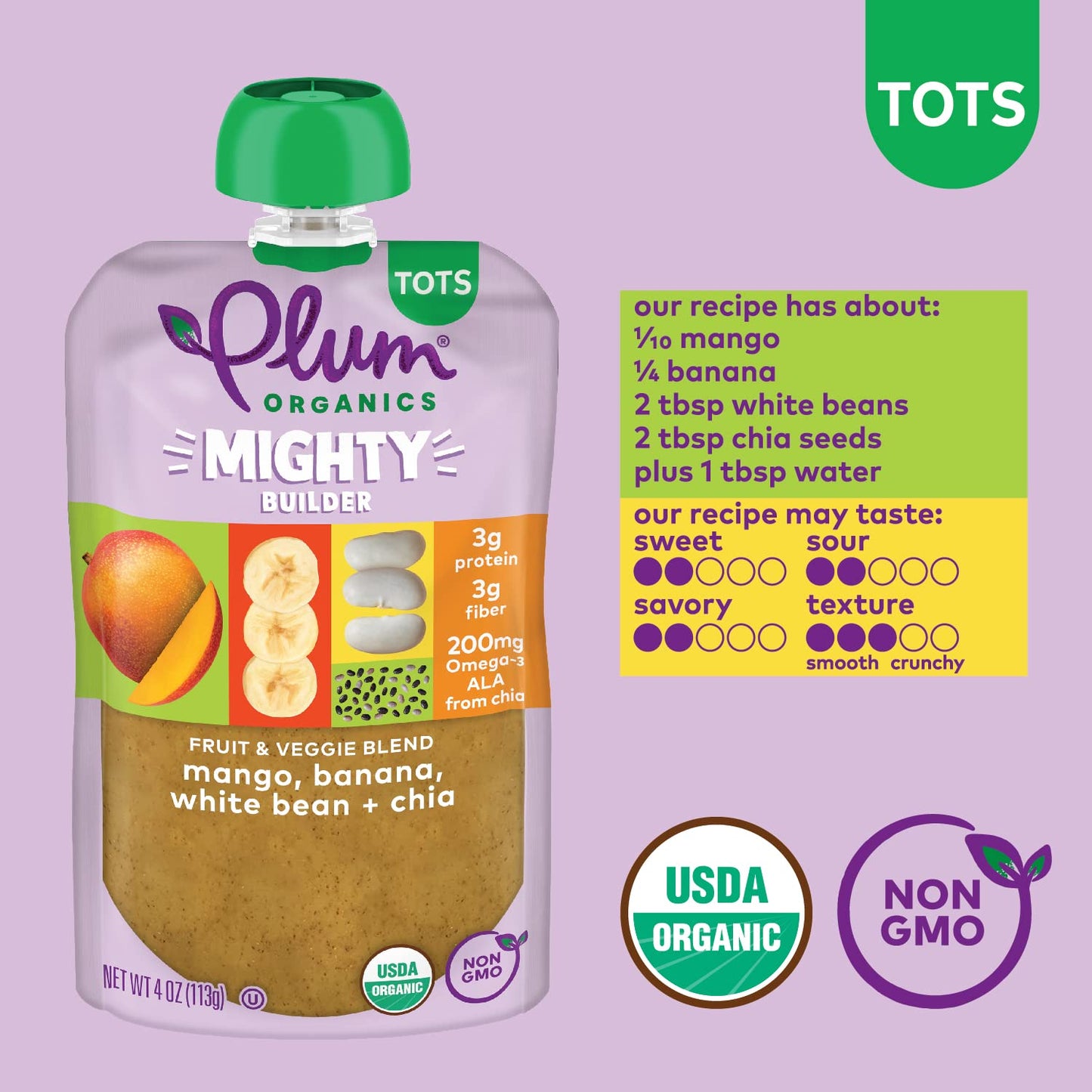 Plum Organics - +12 Months Organic Baby Food - Mango, Banana, White Bean & Chia - Non-GMO - On-The-Go Pouches for Baby & Toddler Meals - Quality Tested Ingredients - 4 oz (Pack Of 12)