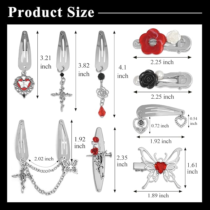 10PCS Red Hair Clips Small Dangle Silver Hair Clips Metal 9 Shapes Goth Cross Clip Snap Punk Y2K Hair Accessories for Women Girls