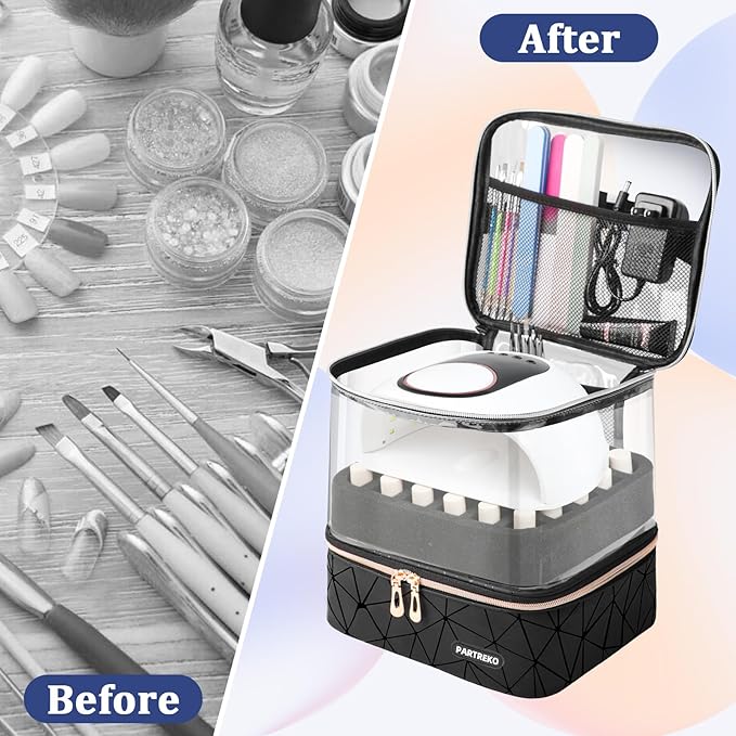 Clear Nail Polish Organizer Holds 60 Bottles (15ml/0.5fl.oz)& Nail Lamp, Double Layer Nail Supplies Organizer Case Transparent, PU Leather Nail kit Storage Bag for Manicure Tools (Black)