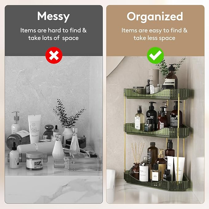 Lifewit 3-Tier Corner Bathroom Counter Organizer, Plastic Makeup Skincare Organizers Storage Countertop, Large Sink Cosmetic Perfume Shelf for Bedroom, Dresser, Kitchen, Vanity, Green, 39 cm/15inch(H)