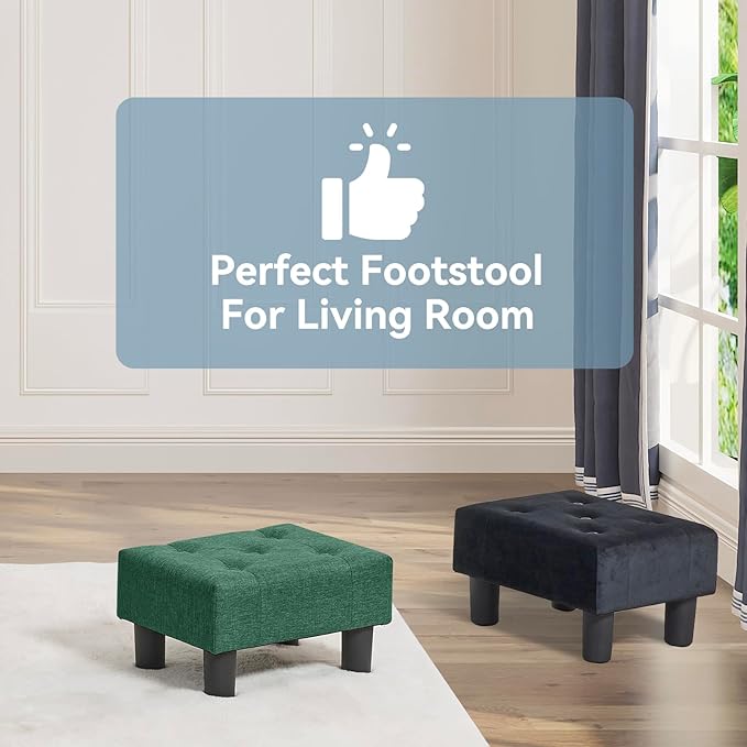 Poofzy Small Foot Stool Ottoman, Linen Ottoman Foot Rest with Legs, Rectangle Foot Rest for Couch, Footstools and Ottomans Small for Living Room and Entryway (Green)