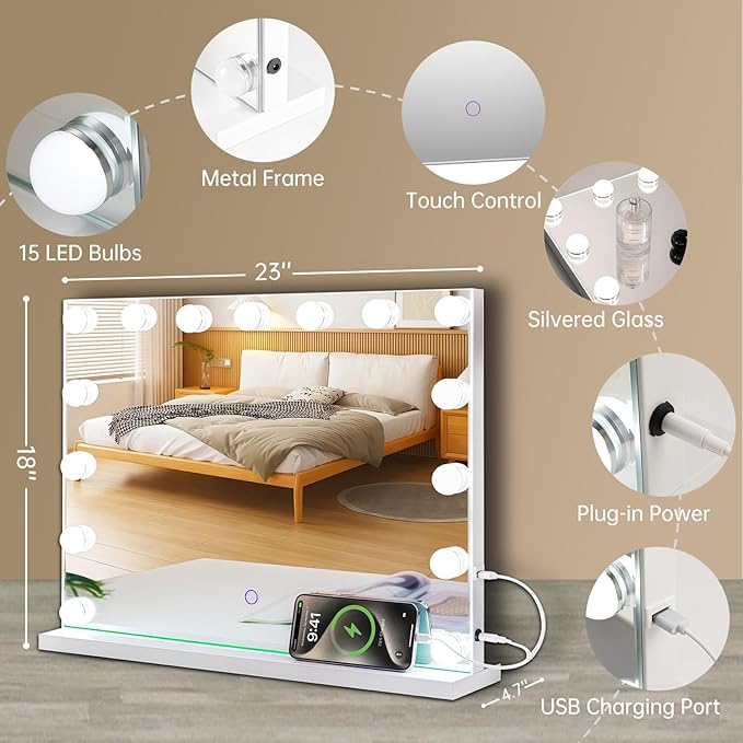 Hollywood Vanity Mirror with Lights, Lighted Makeup Mirror with 10x Magnification for Desk, Dimmable Led Bulbs, 3 Lighting Modes for College Dorm, Bedroom, Dressing Room (White)
