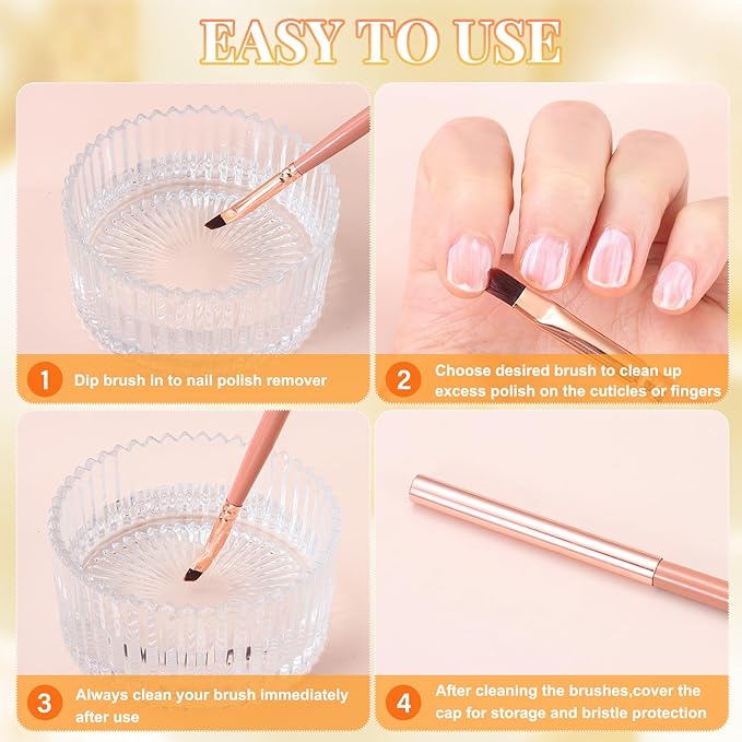 Pink Nail Art Clean Up Brushes for Cleaning Polish Mistakes on the Cuticles, Acetone Resistant Nail Brush, Fingernail Cleaning Brushes for Nail Art and Designs (Round&flat&Bevel)