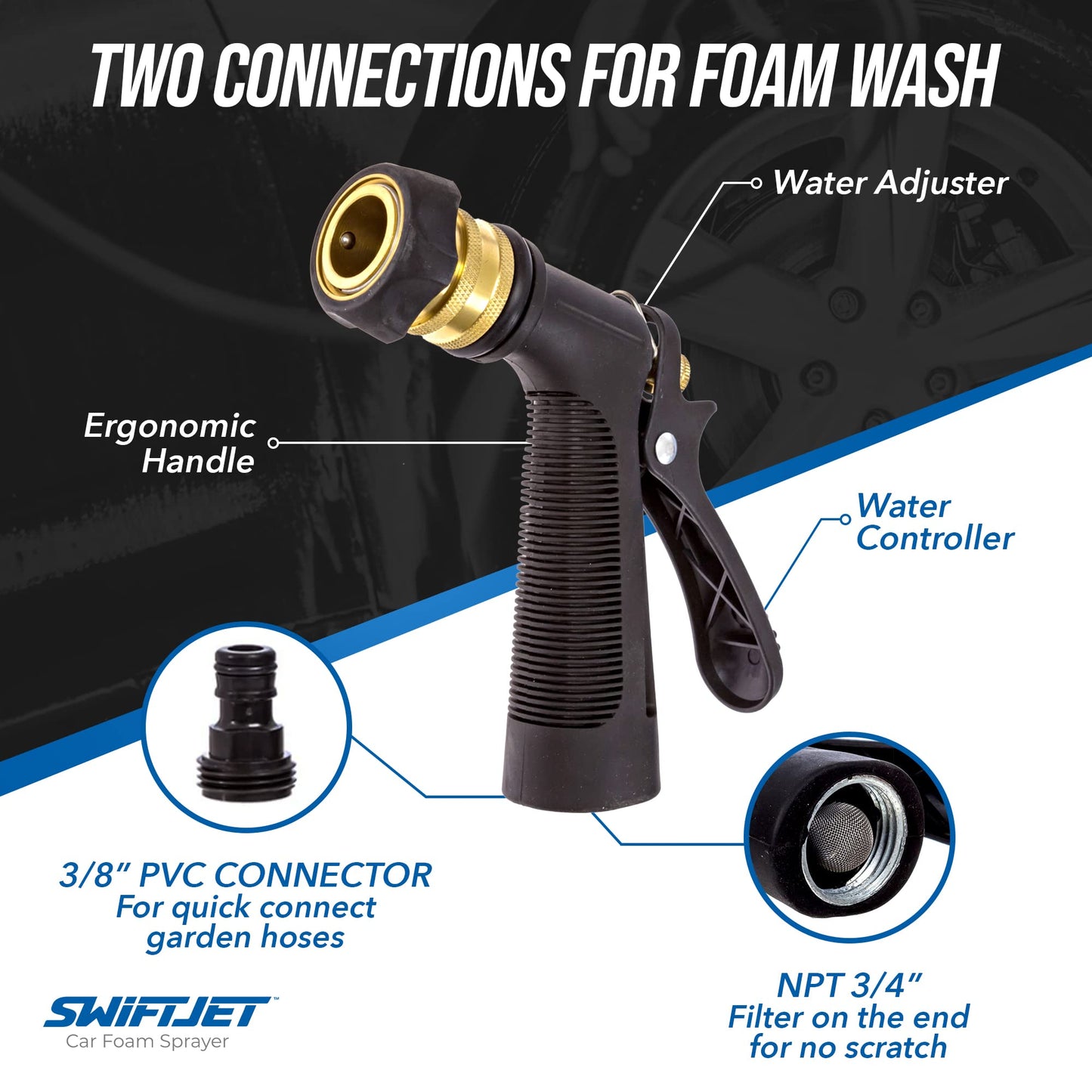SwiftJet Car Wash Foam Gun + Microfiber Wash Mitt - Works with Any Soap - Garden Hose Car Foam Sprayer - Foam Cannon Car Wash Kit - Car Accessories Foam Blaster (Black Foam Gun with Mitt)